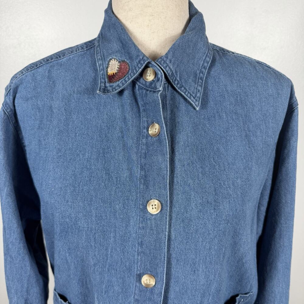 Vintage Christopher & Banks Denim Shirt Jacket L Patchwork Hearts Embroidered - Picture 2 of 12